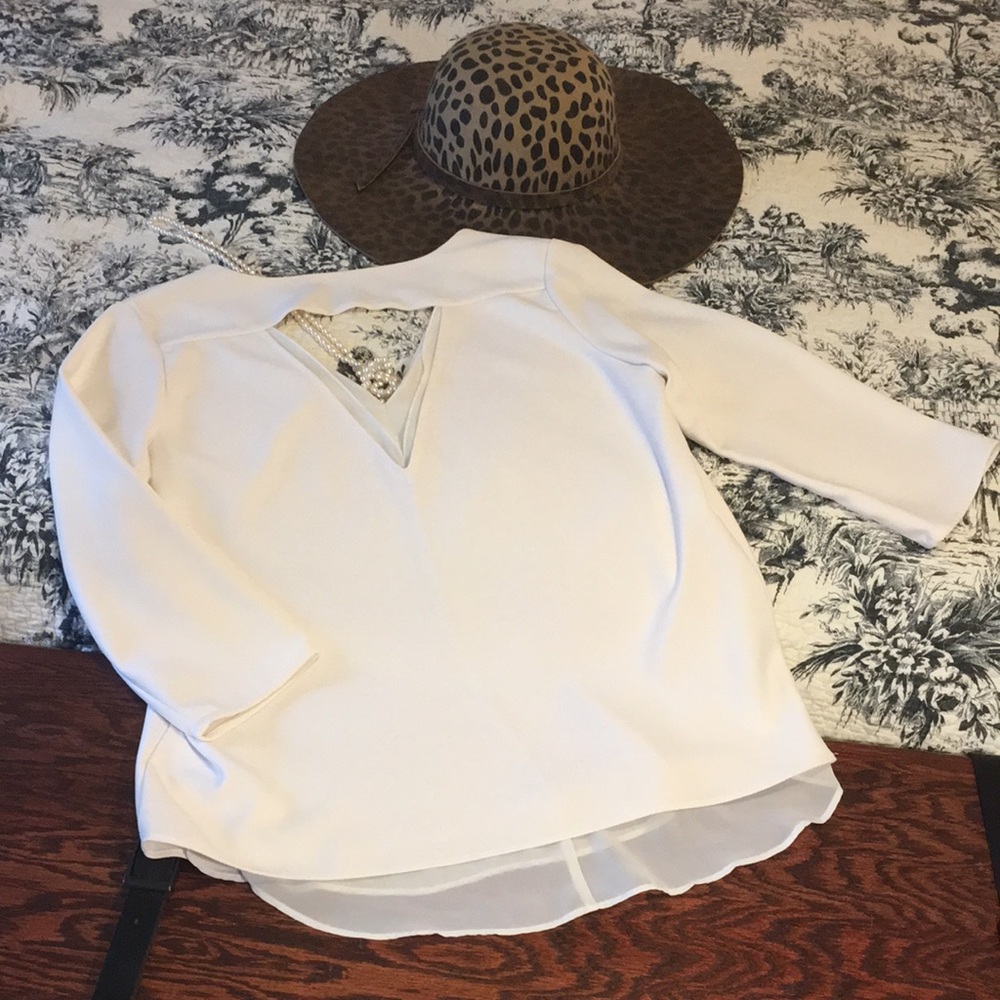 3/4 sleeve blouse cut out back 2 layers off white medium